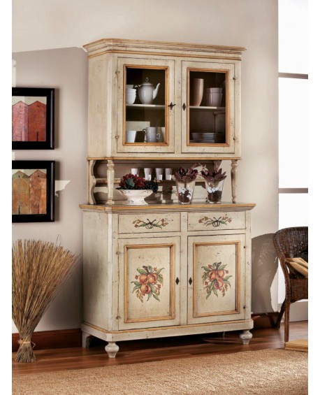 MOBILE CREDENZA CON ALZATA VETRINA  LEGNO MASSELLO ARTIGIANALE DECORATO