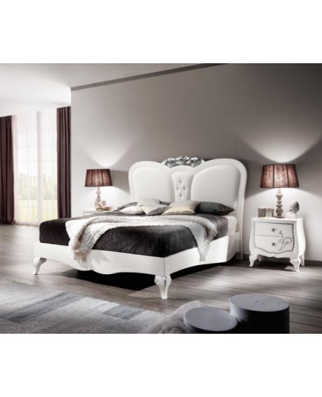 LETTO LEGNO CON TESTATA IN PELLE INTAGLIATO