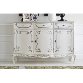 CREDENZA 3 PORTE 3 CASSETTI LEGNO MASSELLO CON INTARSIO LACCATO BIANCO