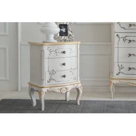 COMODINO 3 CASSETTI LEGNO MASSELLO CON INTARSIO LACCATO BIANCO