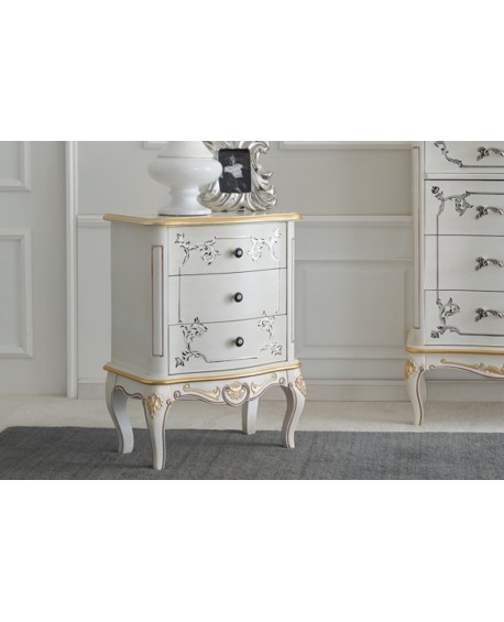 COMODINO 3 CASSETTI LEGNO MASSELLO CON INTARSIO LACCATO BIANCO