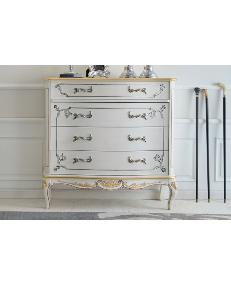 COMO' 4 CASSETTI LEGNO MASSELLO CON INTARSIO LACCATO BIANCO