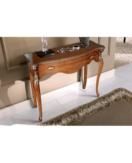 CONSOLLE 1 CASSETTO LEGNO MASSELLO CON INTARSIO NOCE PATINATO