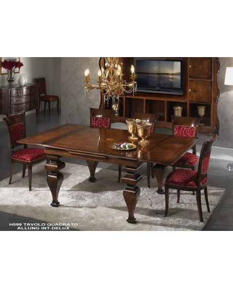 TAVOLO QUADRATO INTARSIATO ALLUNGABILE LEGNO MASSELLO L 128 ( 208) P 128