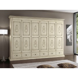 ARMADIO 6 ANTE CASSETTI L 300 P 61 H 240   DECORATO AVORIO ARTIGIANALE LEGNO MASSELLO