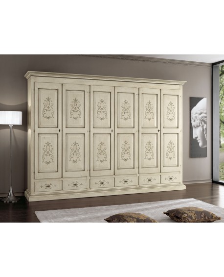 Schranktüren 6 Schübe L P 300 61 H 240 VERZIERTES IVORY ARTIGIANALE MASSIVHOLZ HOLZ