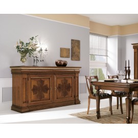 CREDENZONE IN LEGNO MASSELLO CON INTARSIO E PROFILO ORO FOGLIA L 211 P 58 H 114