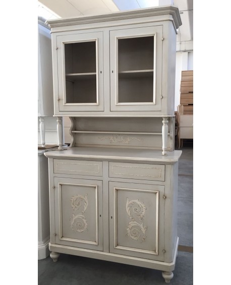 MOBILE CREDENZA CON ALZATA VETRINA  LEGNO MASSELLO ARTIGIANALE DECORATO