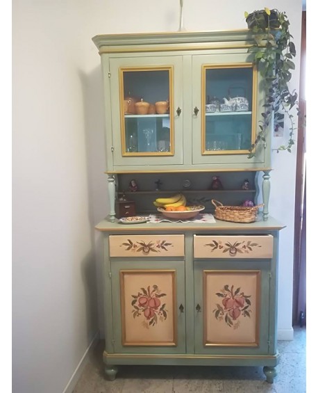 MOBILE CREDENZA CON ALZATA VETRINA  LEGNO MASSELLO ARTIGIANALE DECORATO