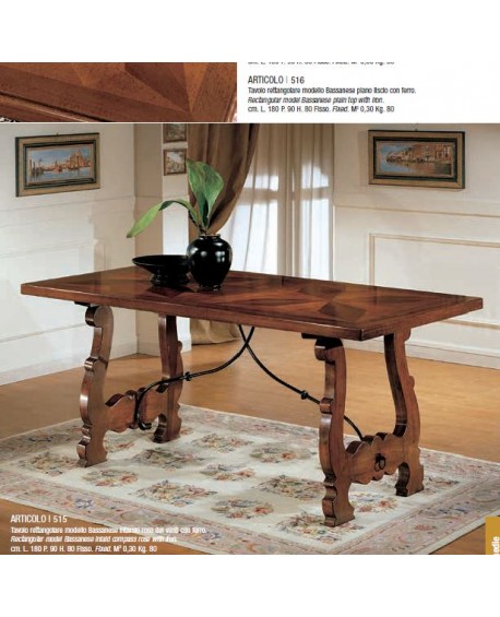 TAVOLO FISSO 180X90 LEGNO MASSELLO CON INTARSIO E SENZA INTARSIO