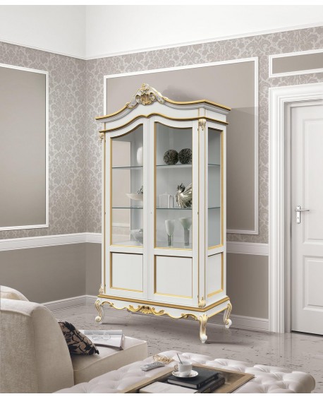 vetrina in legno massello barocca con intagli vari colori