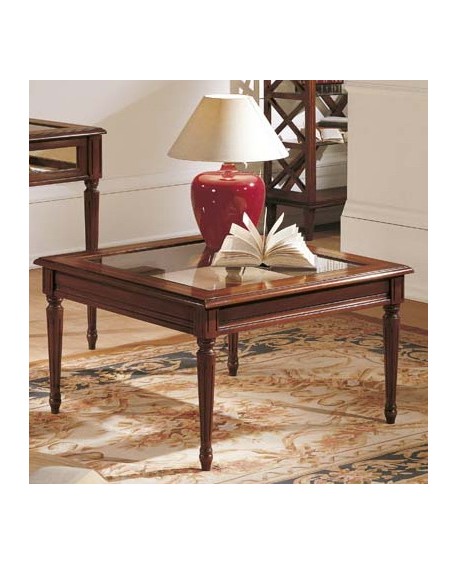 TAVOLINO CON FILETTO, PIANO IN VETRO E GAMBA TORNITA L.80 H.46,5 P.80