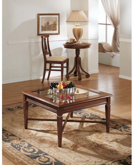 TAVOLINO C/FIL. PIANO IN VETRO E G/ SPILLO CON CROCIERA L.80 H.46,5 P.80