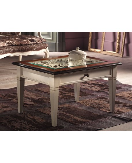 TAVOLINO RETT.RE C/CASS.  PIANO VETRO, TRAFORO INTERNO L.84 H.47,5 P.60