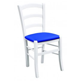 Sedia laccato bianco con fondino ecopelle bluL.43 H.88 P.42 HS.47