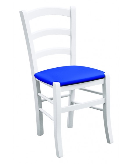 Sedia laccato bianco con fondino ecopelle bluL.43 H.88 P.42 HS.47