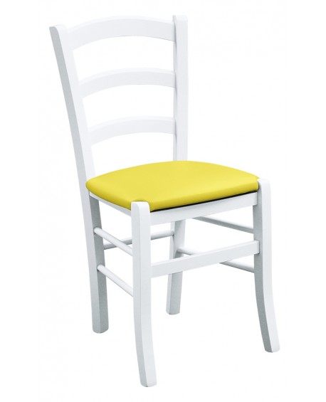 Sedia laccato bianco con fondino ecopelle gialloL.43 H.88 P.42 HS.47
