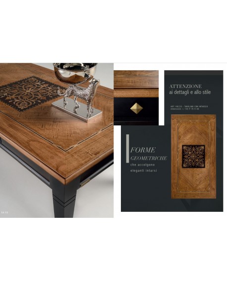 Tavolino intarsiato iris con 1 cassetto gambe spillo L.130 P.70