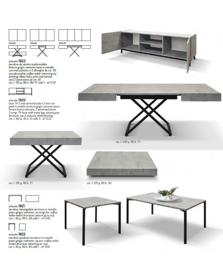 Tavolino quadrato 55x55 struttura metallo e piano finitura grigio cemento