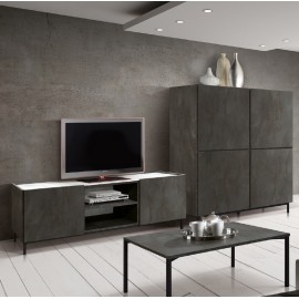 Base tv 2 ante ammortizzate e 2 vani 160x45 con piedi in metallo struttura acciaio ossidato e piano finitura bianco statuario