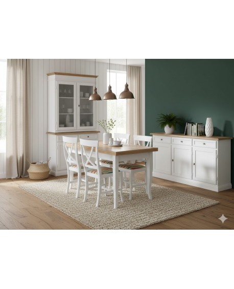 SALA COMPLETA VETRINA CREDENZA TAVOLO 4 SEDIE VARI COLORI LEGNO MASSELLO
