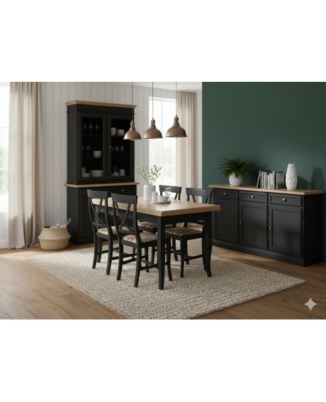 SALA COMPLETA VETRINA CREDENZA TAVOLO 4 SEDIE VARI COLORI LEGNO MASSELLO