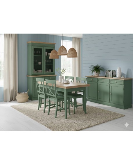 SALA COMPLETA VETRINA CREDENZA TAVOLO 4 SEDIE VARI COLORI LEGNO MASSELLO
