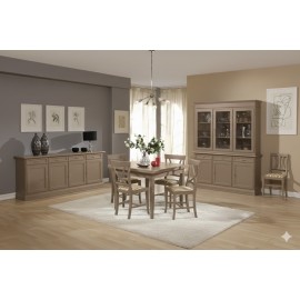 SALA COMPLETA VETRINA CREDENZA TAVOLO 4 SEDIE VARI COLORI LEGNO MASSELLO